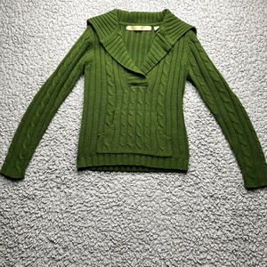 Duck Head Sweater Pullover Womens Small Green Cable Knit V-Neck Kangaroo Pocket